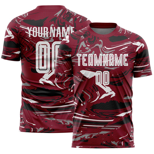 Custom Figure White Crimson-Black Fluid Art Splash Sublimation Soccer Uniform Jersey - Main View