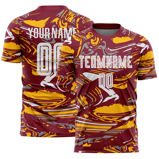 Custom Figure White Crimson-Gold Fluid Art Splash Sublimation Soccer Uniform Jersey - Main View