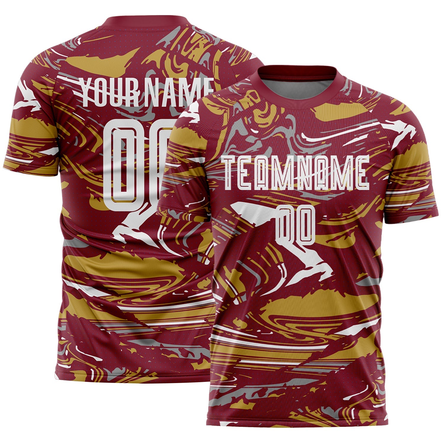 Custom Figure White Crimson-Old Gold Fluid Art Splash Sublimation Soccer Uniform Jersey - Main View