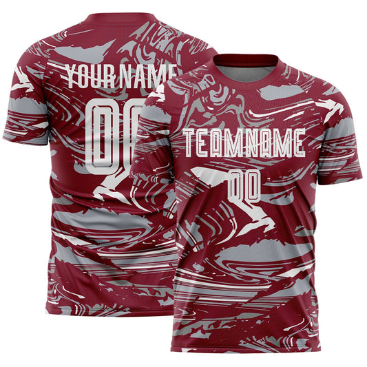 Custom Figure White Crimson-Gray Fluid Art Splash Sublimation Soccer Uniform Jersey - Main View