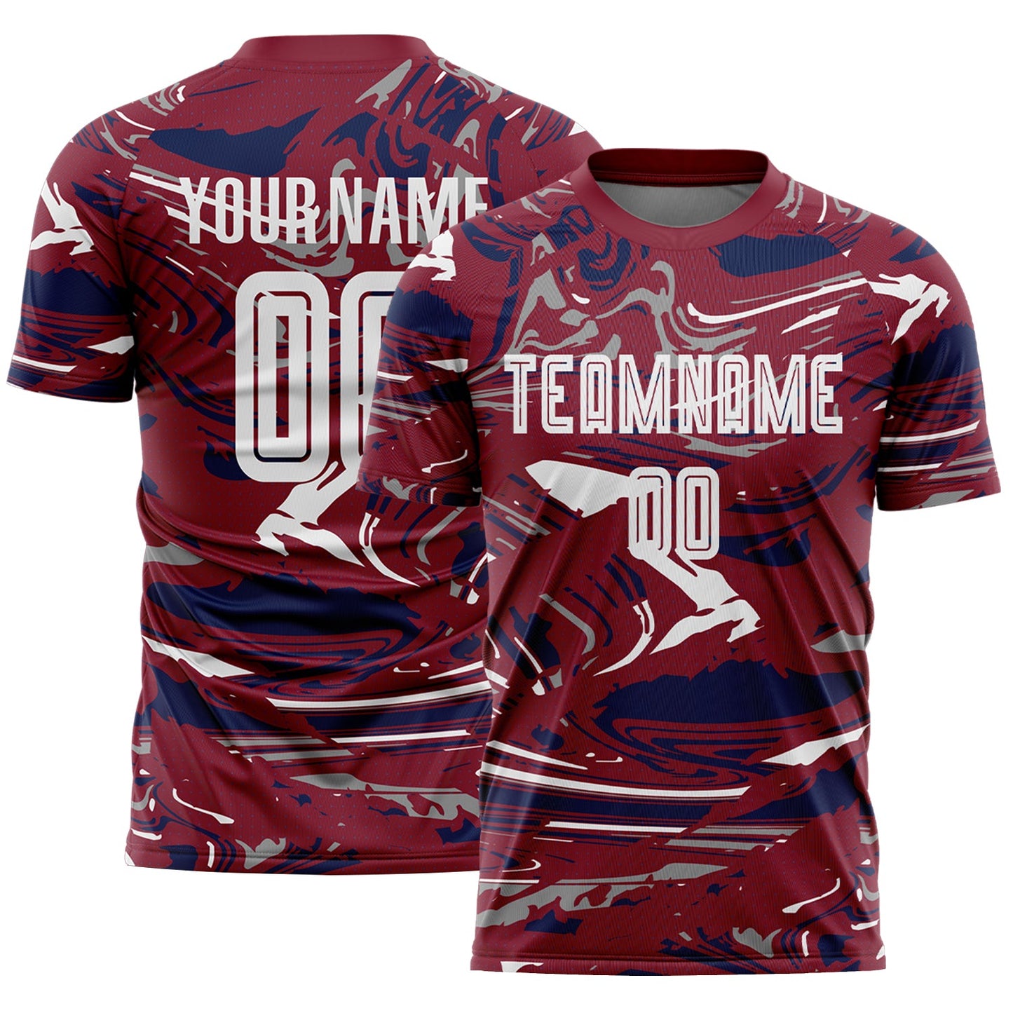 Custom Figure White Crimson-Navy Fluid Art Splash Sublimation Soccer Uniform Jersey - Main View