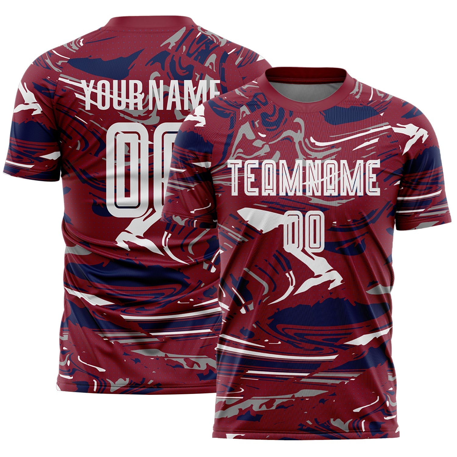 Custom Figure White Crimson-Navy Fluid Art Splash Sublimation Soccer Uniform Jersey - Main View