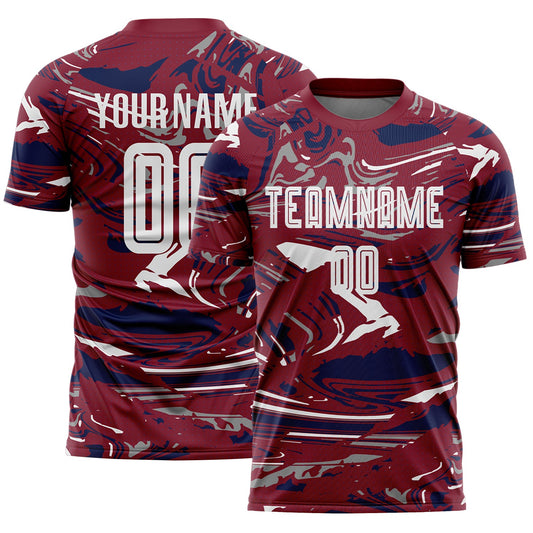 Custom Figure White Crimson-Navy Fluid Art Splash Sublimation Soccer Uniform Jersey - Main View