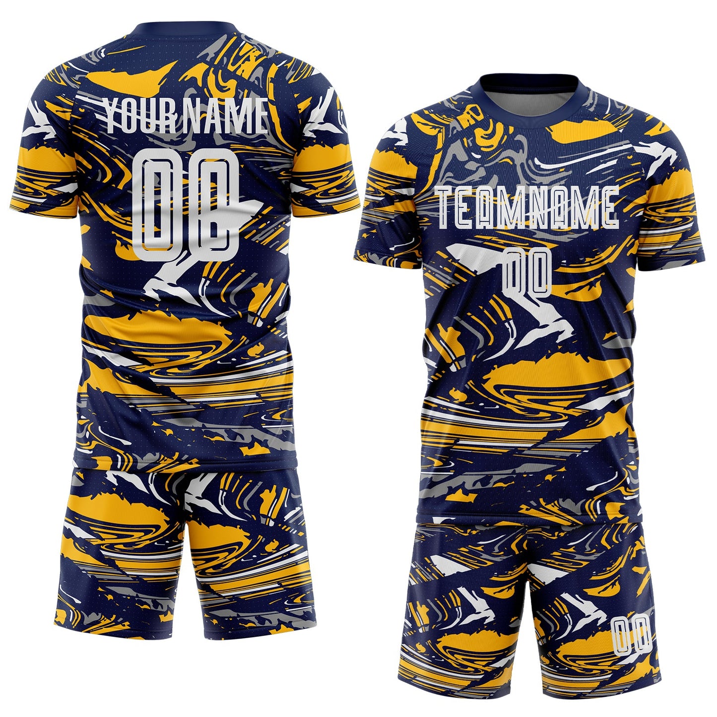 Custom Figure White Navy-Gold Fluid Art Splash Sublimation Soccer Uniform Jersey view 2
