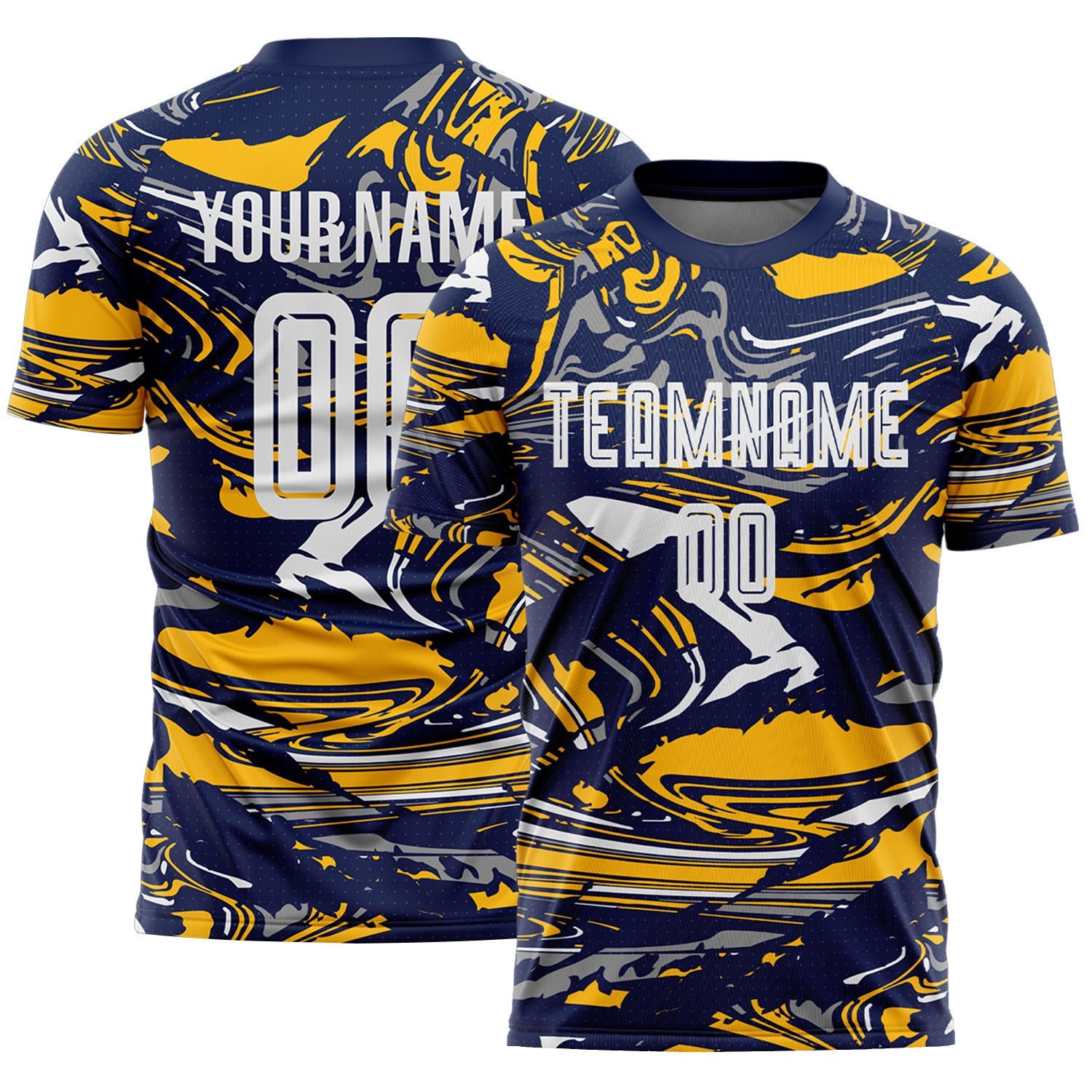 Custom Figure White Navy-Gold Fluid Art Splash Sublimation Soccer Uniform Jersey - Main View