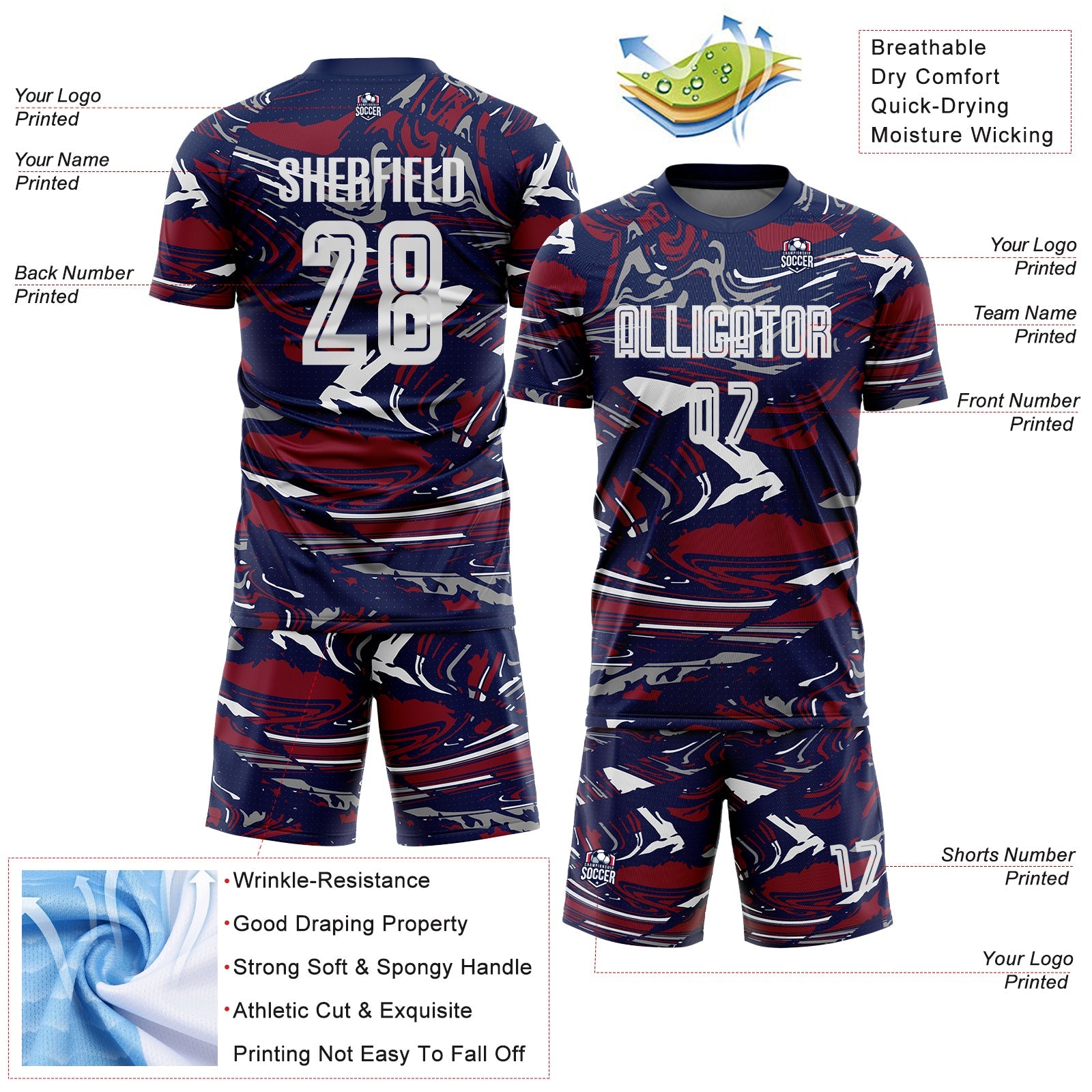 Custom Figure White Navy-Crimson Fluid Art Splash Sublimation Soccer Uniform Jersey view 4
