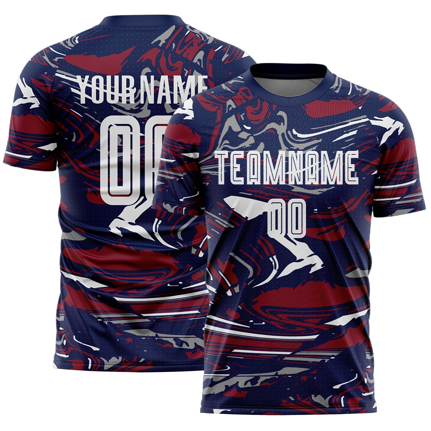 Custom Figure White Navy-Crimson Fluid Art Splash Sublimation Soccer Uniform Jersey - Main View