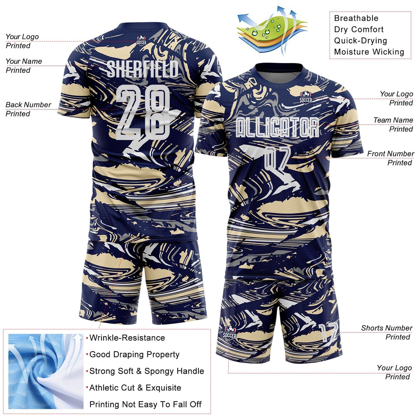 Custom Figure White Navy-Cream Fluid Art Splash Sublimation Soccer Uniform Jersey view 4