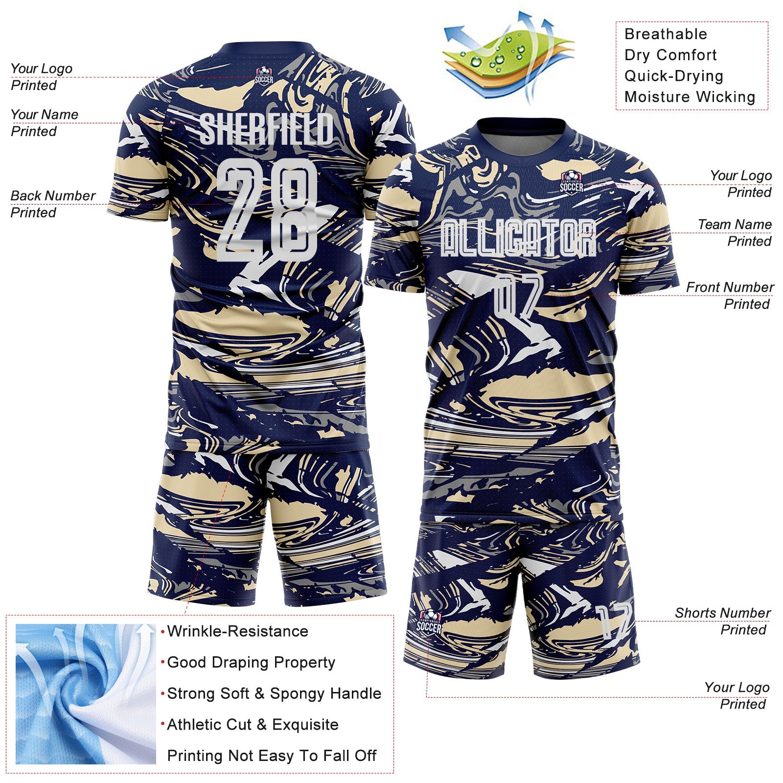 Custom Figure White Navy-Cream Fluid Art Splash Sublimation Soccer Uniform Jersey view 4