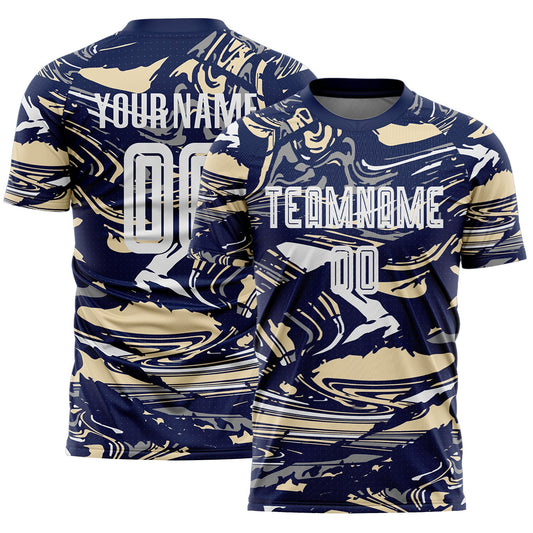 Custom Figure White Navy-Cream Fluid Art Splash Sublimation Soccer Uniform Jersey - Main View