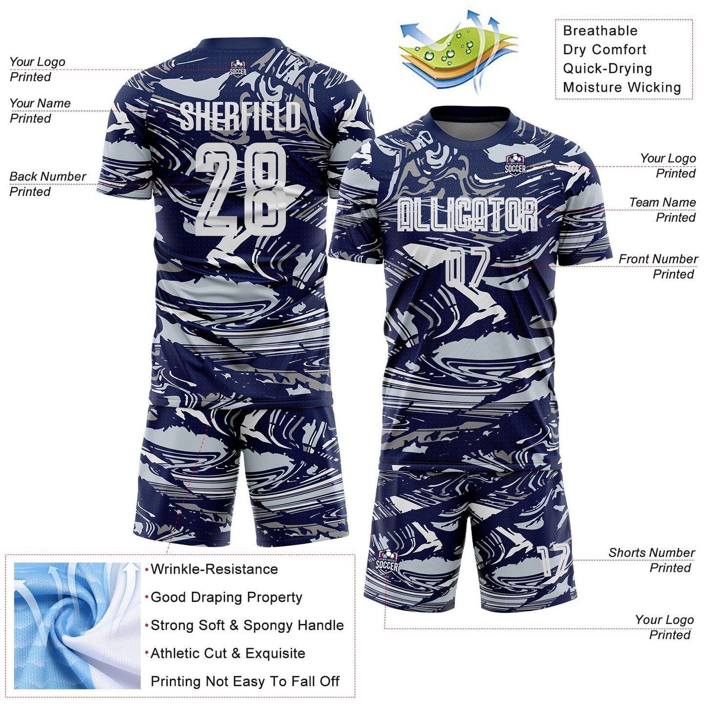 Custom Figure White Navy-Silver Fluid Art Splash Sublimation Soccer Uniform Jersey view 4