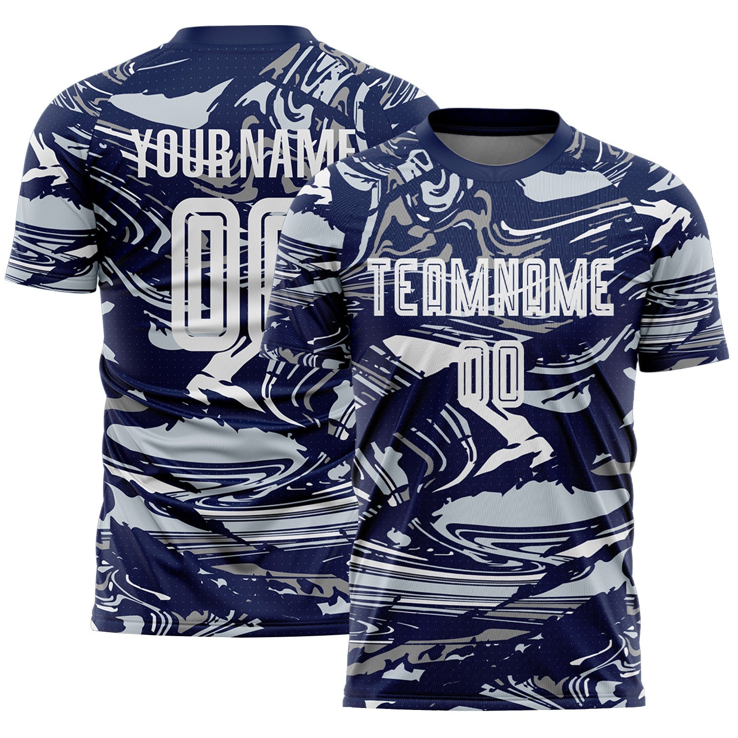 Custom Figure White Navy-Silver Fluid Art Splash Sublimation Soccer Uniform Jersey - Main View