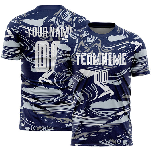 Custom Figure White Navy-Silver Fluid Art Splash Sublimation Soccer Uniform Jersey - Main View