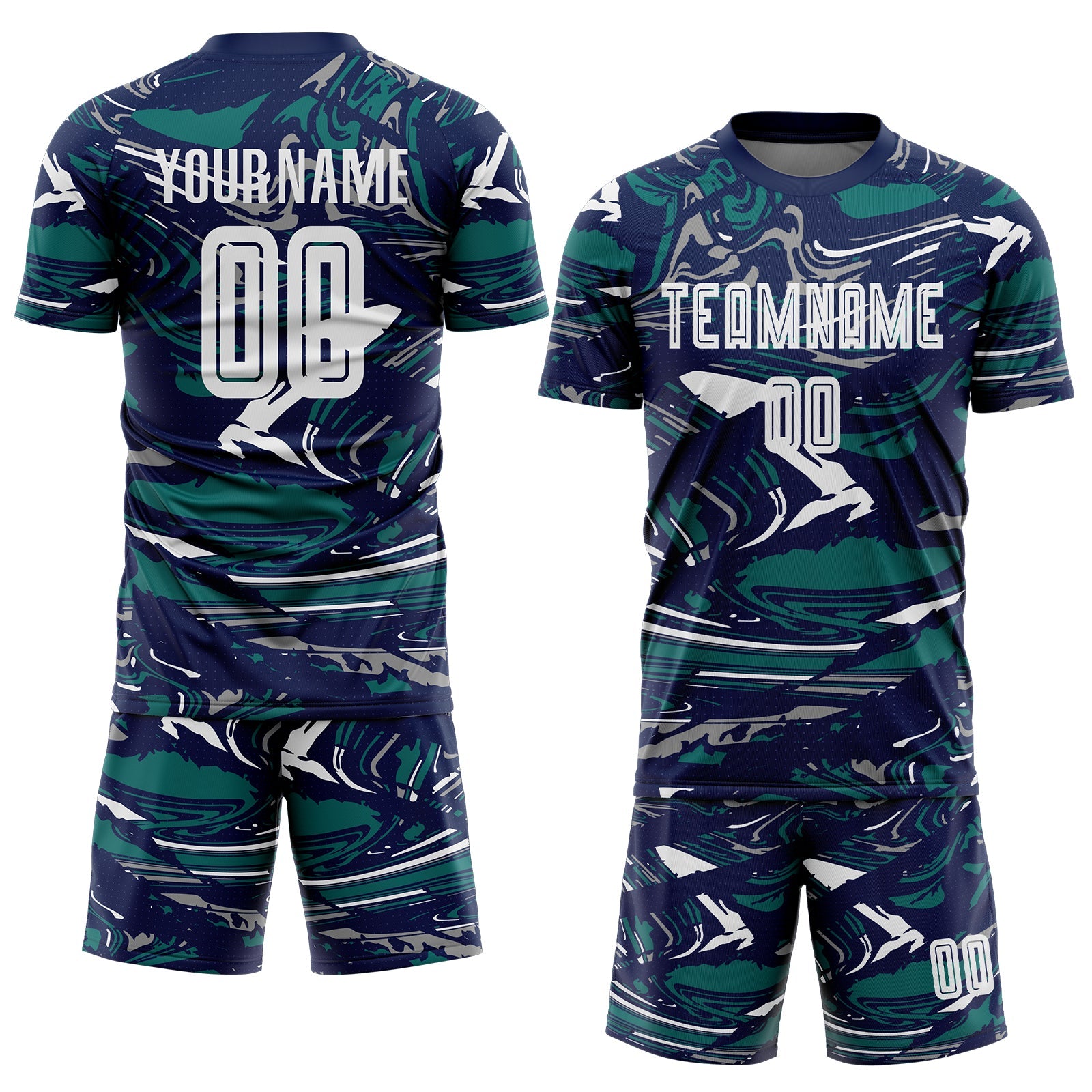 Custom Figure White Navy-Teal Fluid Art Splash Sublimation Soccer Uniform Jersey view 2
