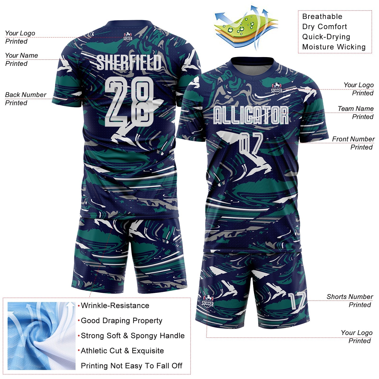 Custom Figure White Navy-Teal Fluid Art Splash Sublimation Soccer Uniform Jersey view 4