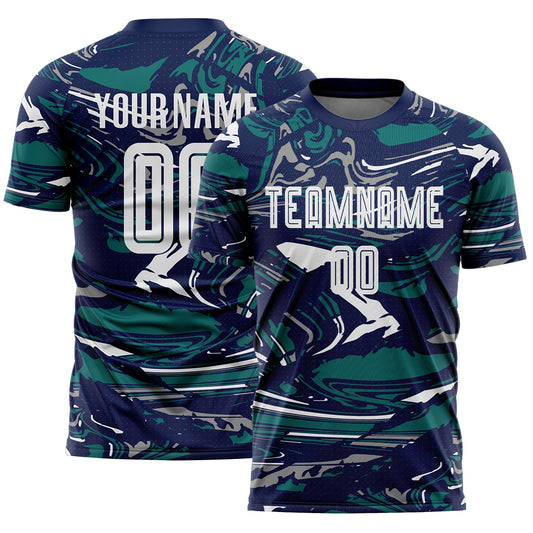 Custom Figure White Navy-Teal Fluid Art Splash Sublimation Soccer Uniform Jersey - Main View