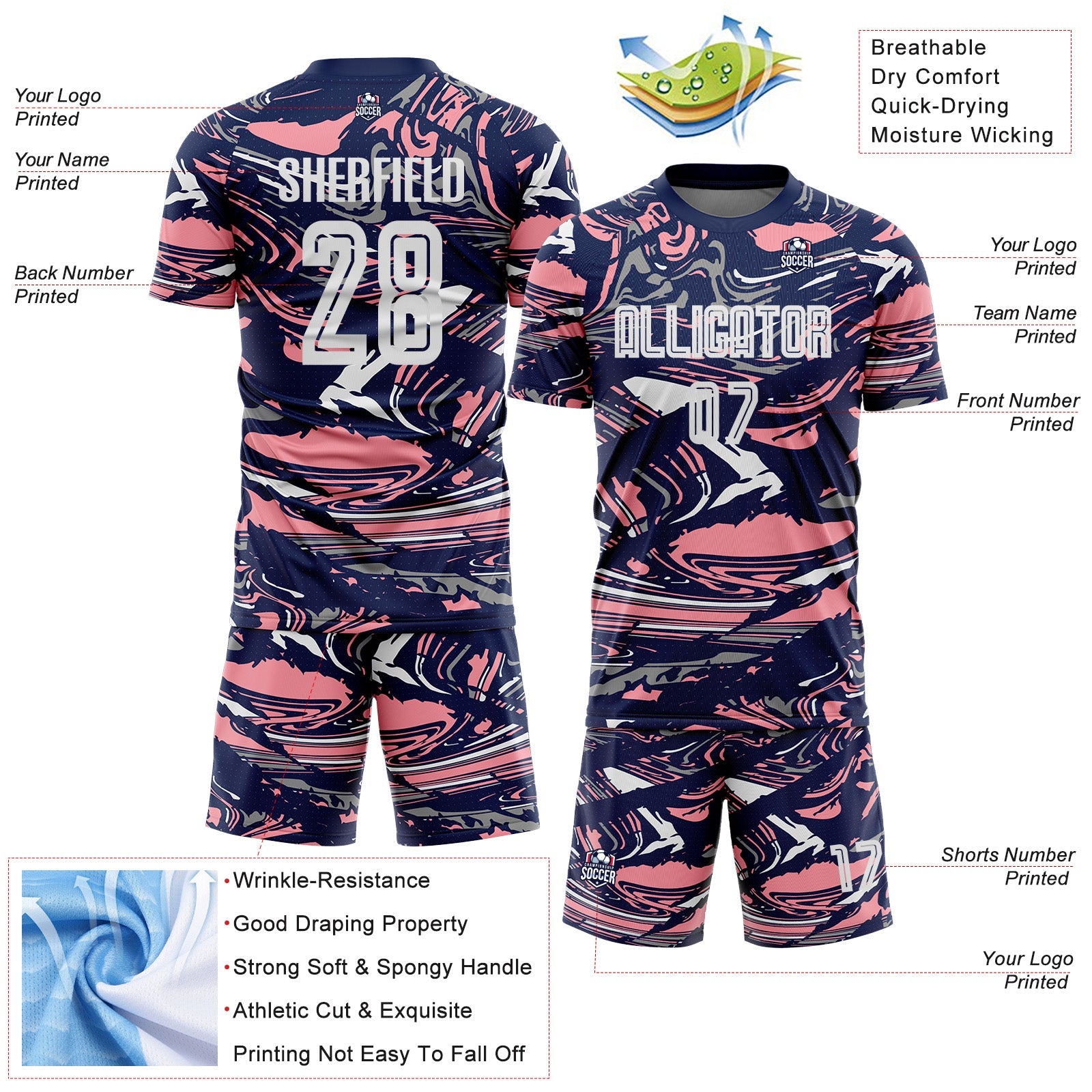 Custom Figure White Navy-Medium Pink Fluid Art Splash Sublimation Soccer Uniform Jersey view 4