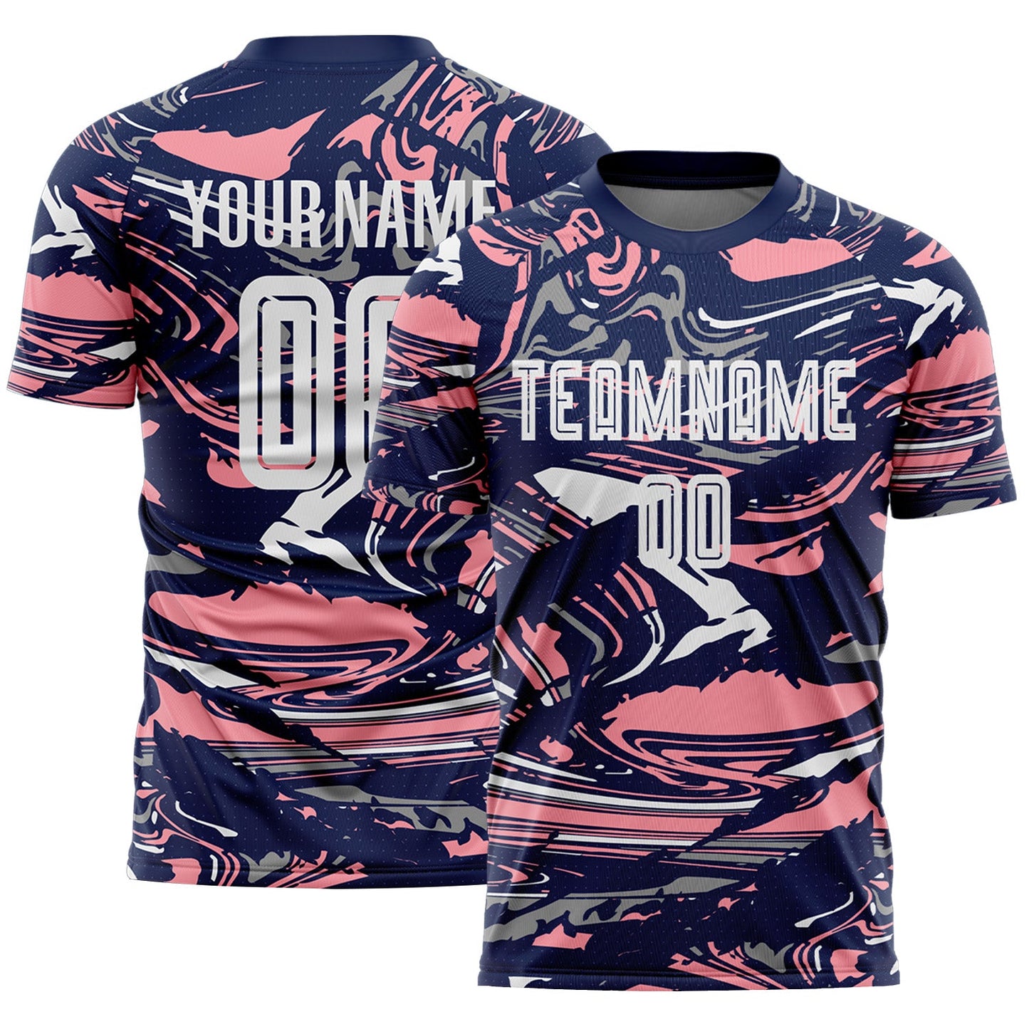 Custom Figure White Navy-Medium Pink Fluid Art Splash Sublimation Soccer Uniform Jersey - Main View