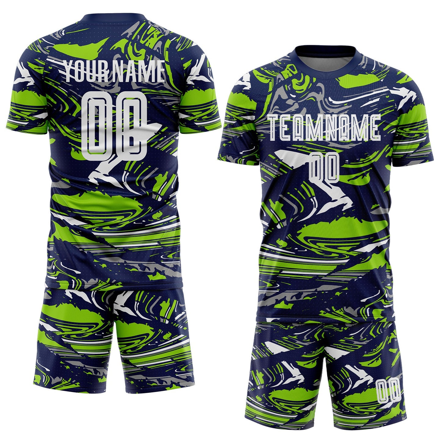 Custom Figure White Navy-Neon Green Fluid Art Splash Sublimation Soccer Uniform Jersey view 2