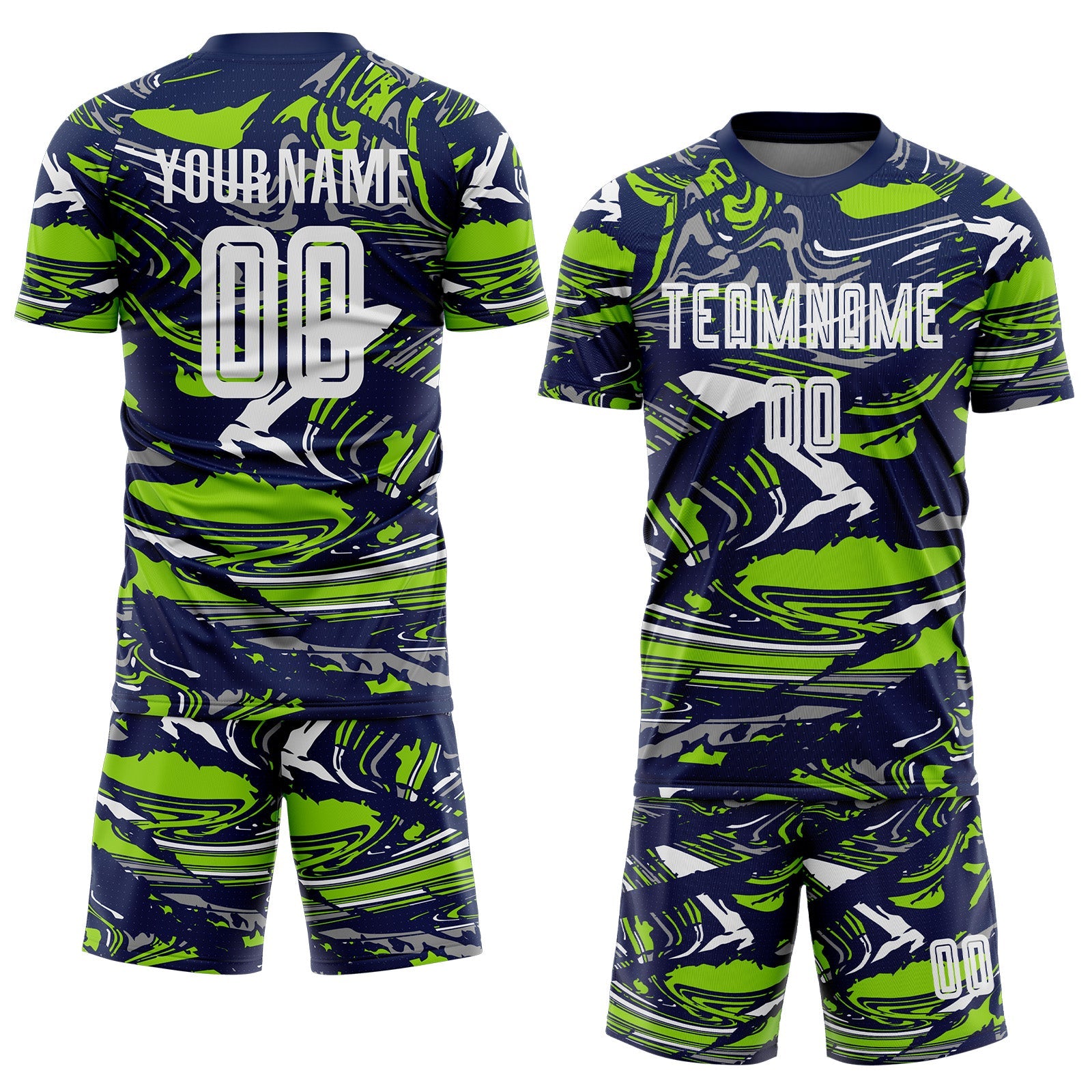 Custom Figure White Navy-Neon Green Fluid Art Splash Sublimation Soccer Uniform Jersey view 2