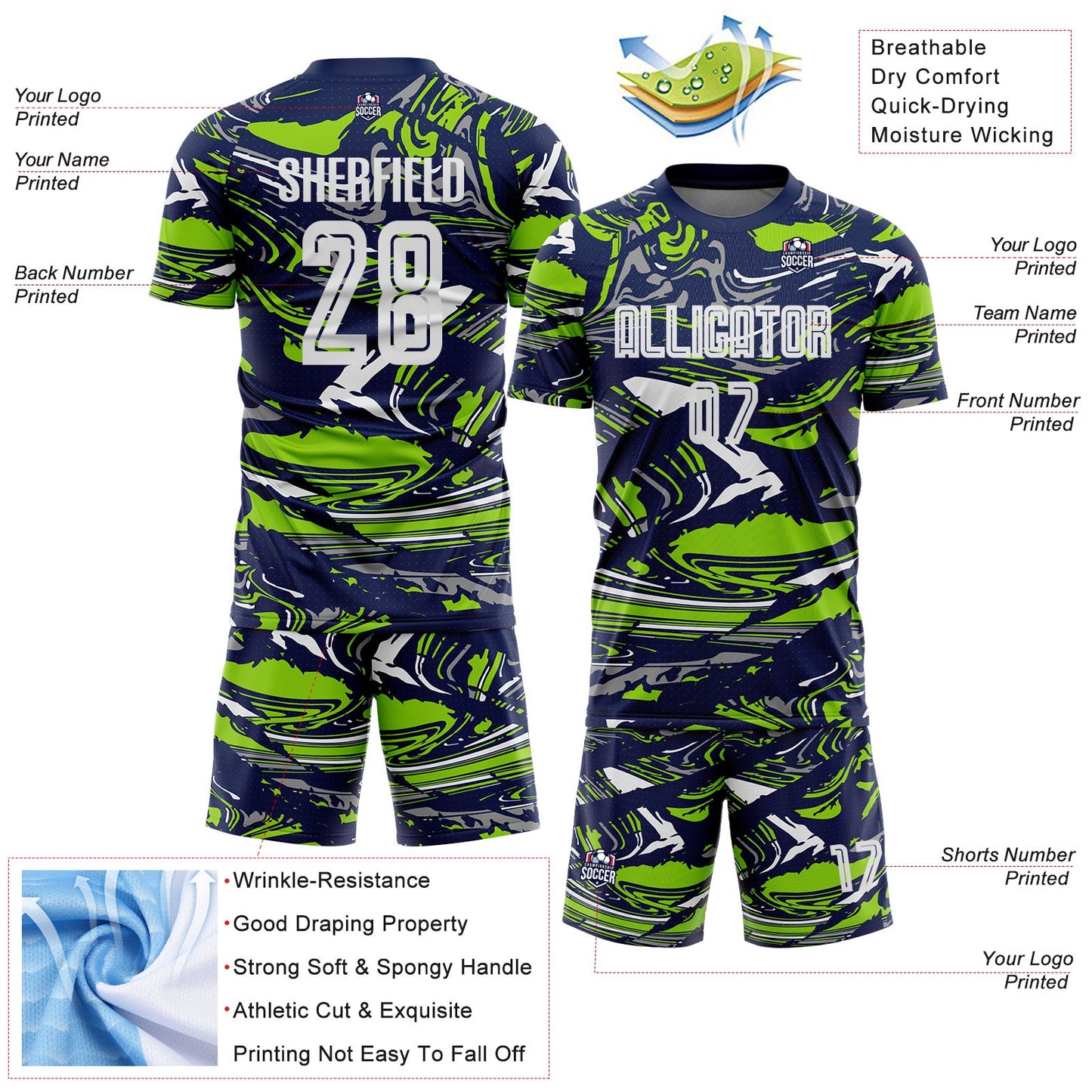 Custom Figure White Navy-Neon Green Fluid Art Splash Sublimation Soccer Uniform Jersey view 4