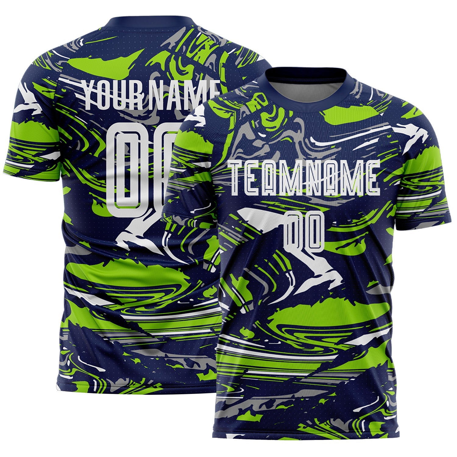 Custom Figure White Navy-Neon Green Fluid Art Splash Sublimation Soccer Uniform Jersey - Main View