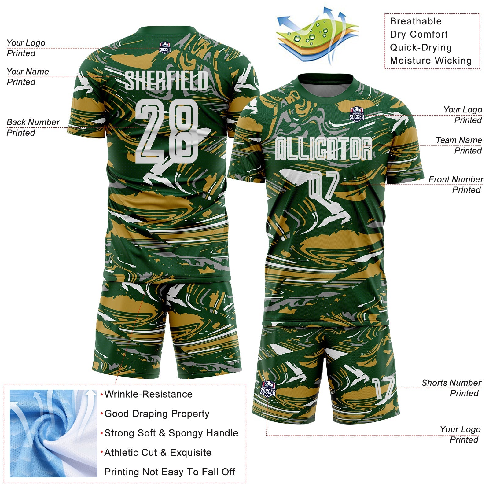 Custom Figure White Green-Old Gold Fluid Art Splash Sublimation Soccer Uniform Jersey view 4