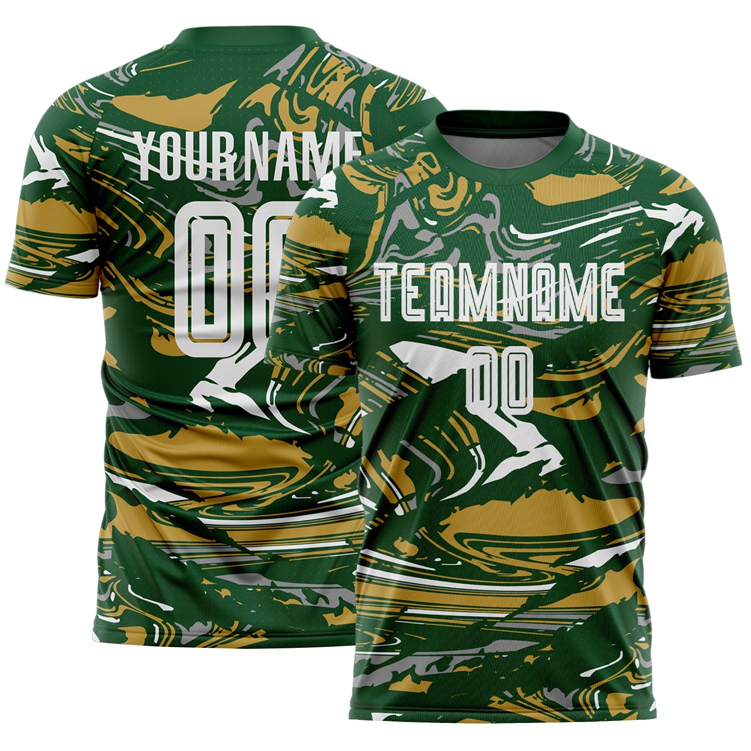Custom Figure White Green-Old Gold Fluid Art Splash Sublimation Soccer Uniform Jersey - Main View