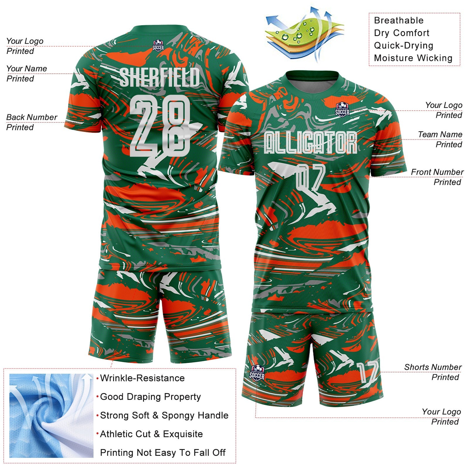 Custom Figure White Kelly Green-Orang Fluid Art Splash Sublimation Soccer Uniform Jersey view 4
