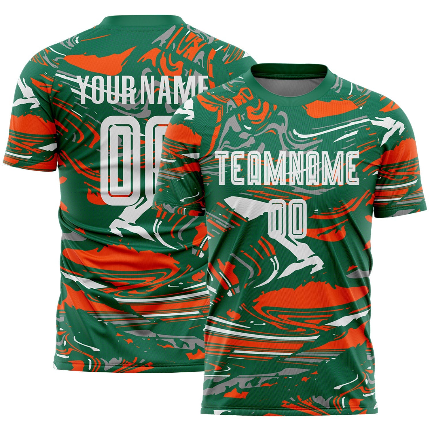 Custom Figure White Kelly Green-Orang Fluid Art Splash Sublimation Soccer Uniform Jersey - Main View