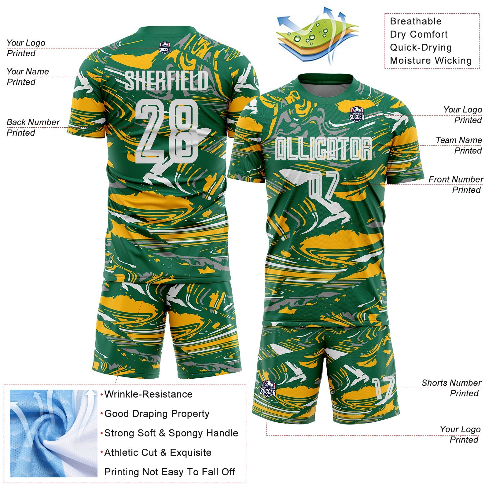 Custom Figure White Kelly Green-Gold Fluid Art Splash Sublimation Soccer Uniform Jersey view 4