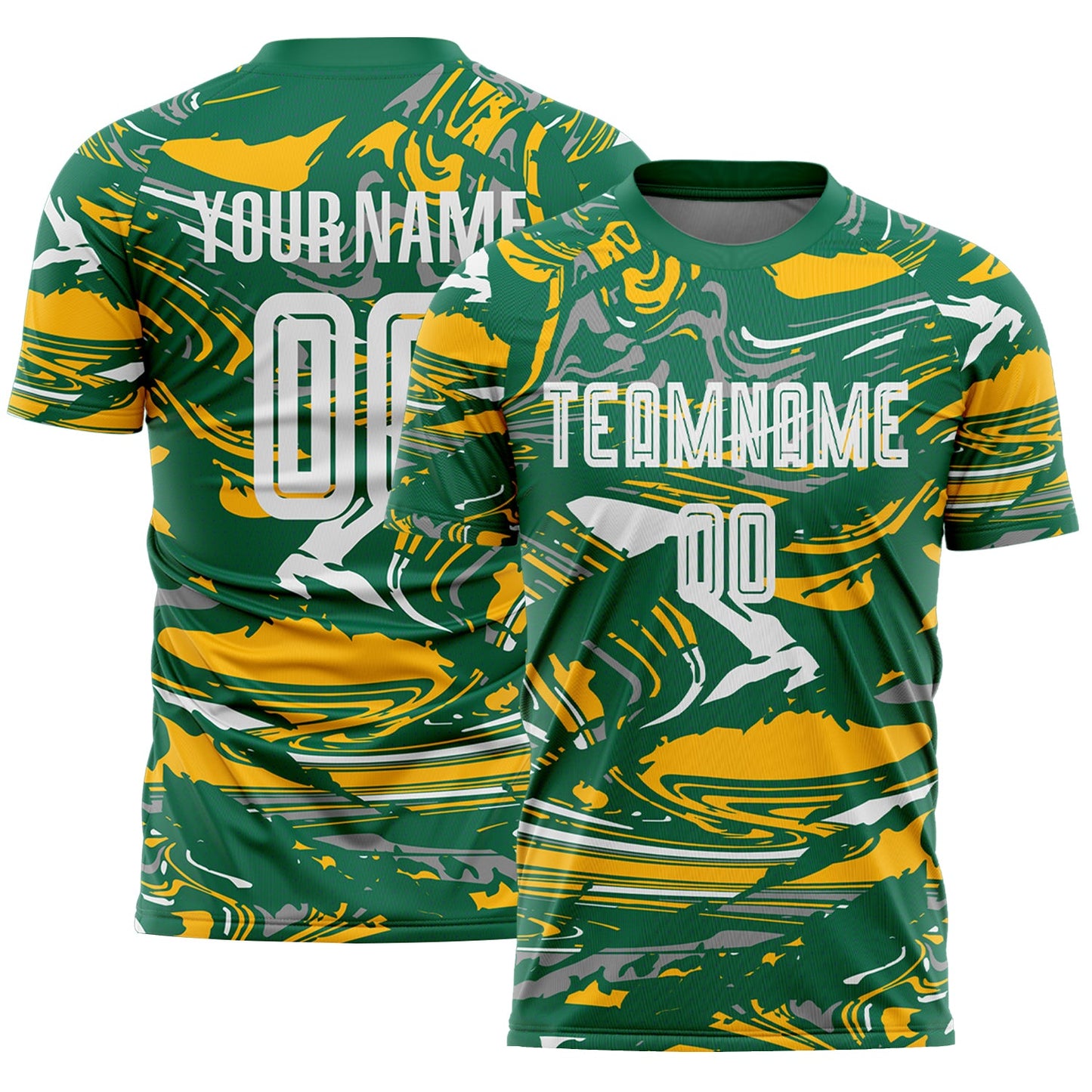 Custom Figure White Kelly Green-Gold Fluid Art Splash Sublimation Soccer Uniform Jersey - Main View