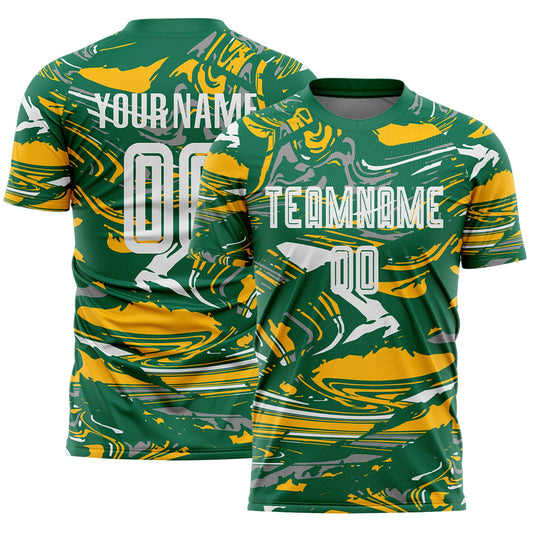 Custom Figure White Kelly Green-Gold Fluid Art Splash Sublimation Soccer Uniform Jersey - Main View