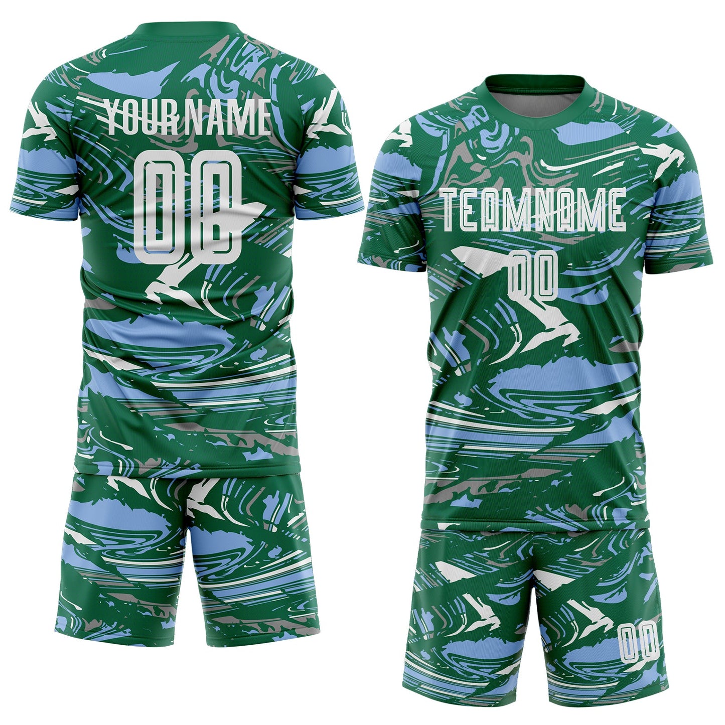 Custom Figure White Kelly Green-Light Blue Fluid Art Splash Sublimation Soccer Uniform Jersey view 2