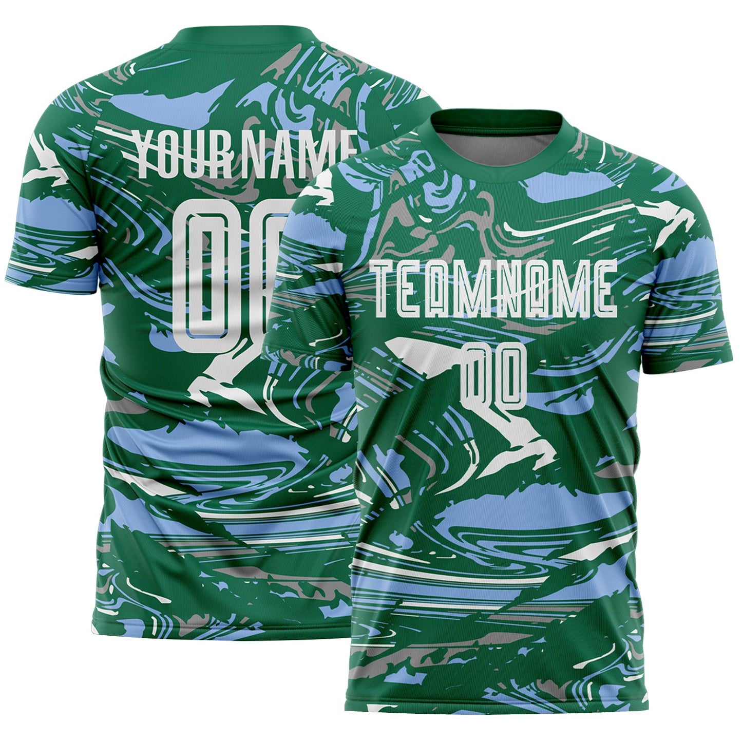 Custom Figure White Kelly Green-Light Blue Fluid Art Splash Sublimation Soccer Uniform Jersey - Main View