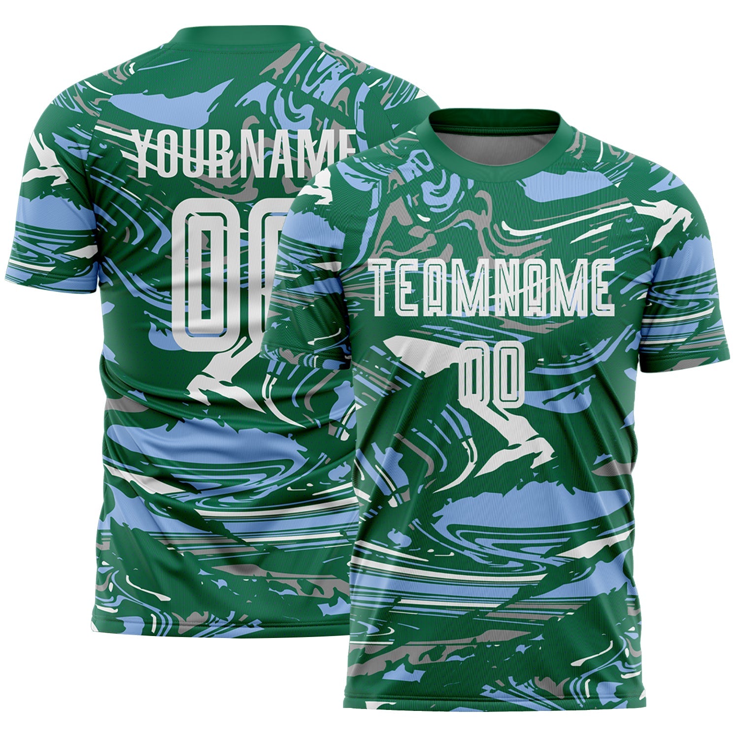 Custom Figure White Kelly Green-Light Blue Fluid Art Splash Sublimation Soccer Uniform Jersey - Main View