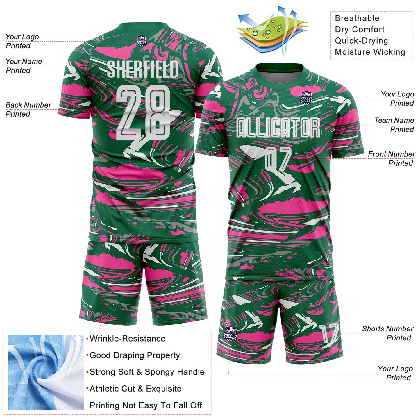Custom Figure White Kelly Green-Pink Fluid Art Splash Sublimation Soccer Uniform Jersey view 4
