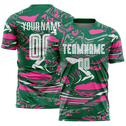 Custom Figure White Kelly Green-Pink Fluid Art Splash Sublimation Soccer Uniform Jersey - Main View