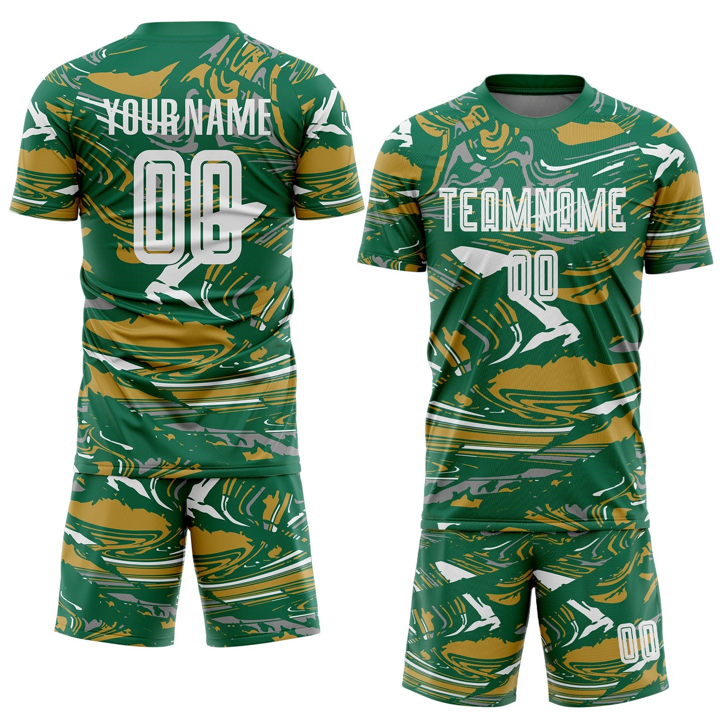 Custom Figure White Kelly Green-Old Gold Fluid Art Splash Sublimation Soccer Uniform Jersey view 2
