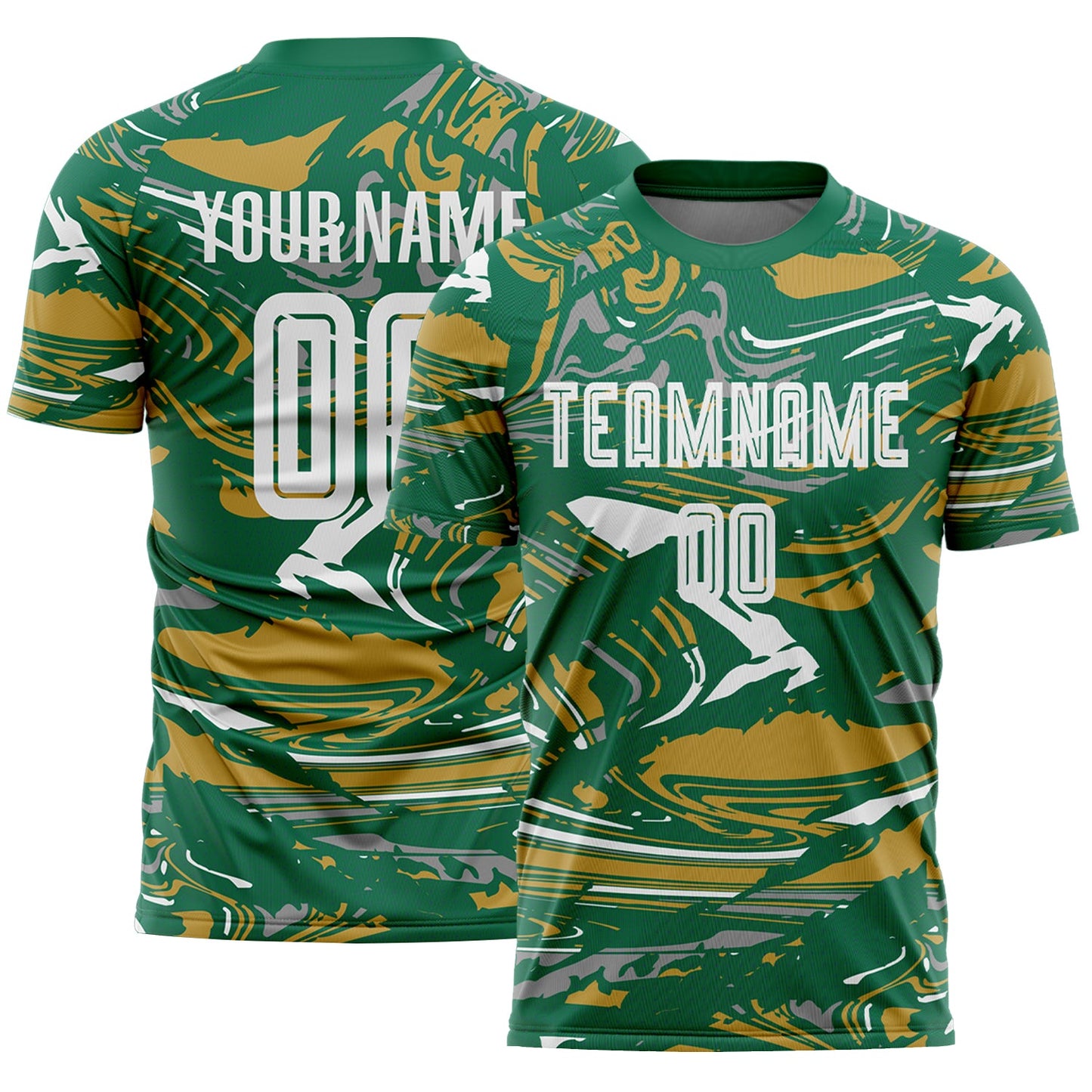 Custom Figure White Kelly Green-Old Gold Fluid Art Splash Sublimation Soccer Uniform Jersey - Main View