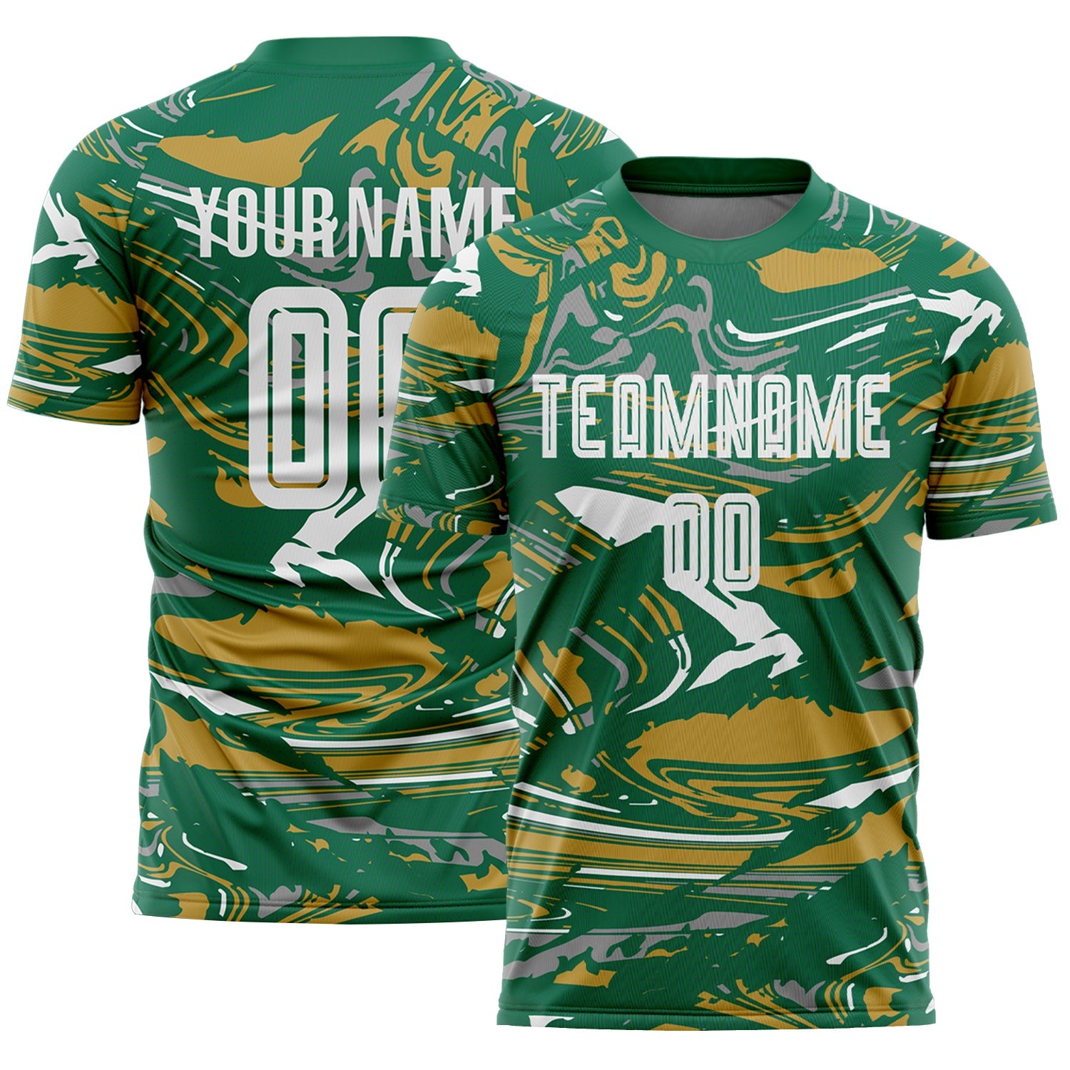 Custom Figure White Kelly Green-Old Gold Fluid Art Splash Sublimation Soccer Uniform Jersey - Main View
