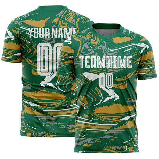 Custom Figure White Kelly Green-Old Gold Fluid Art Splash Sublimation Soccer Uniform Jersey - Main View