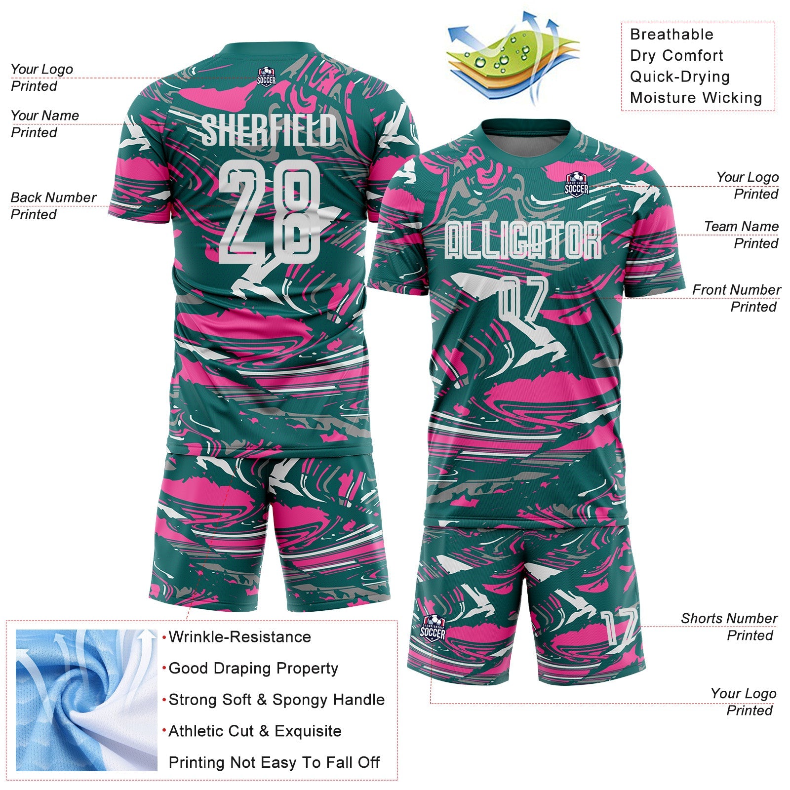 Custom Figure White Teal-Pink Fluid Art Splash Sublimation Soccer Uniform Jersey view 4