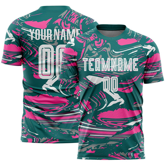 Custom Figure White Teal-Pink Fluid Art Splash Sublimation Soccer Uniform Jersey - Main View