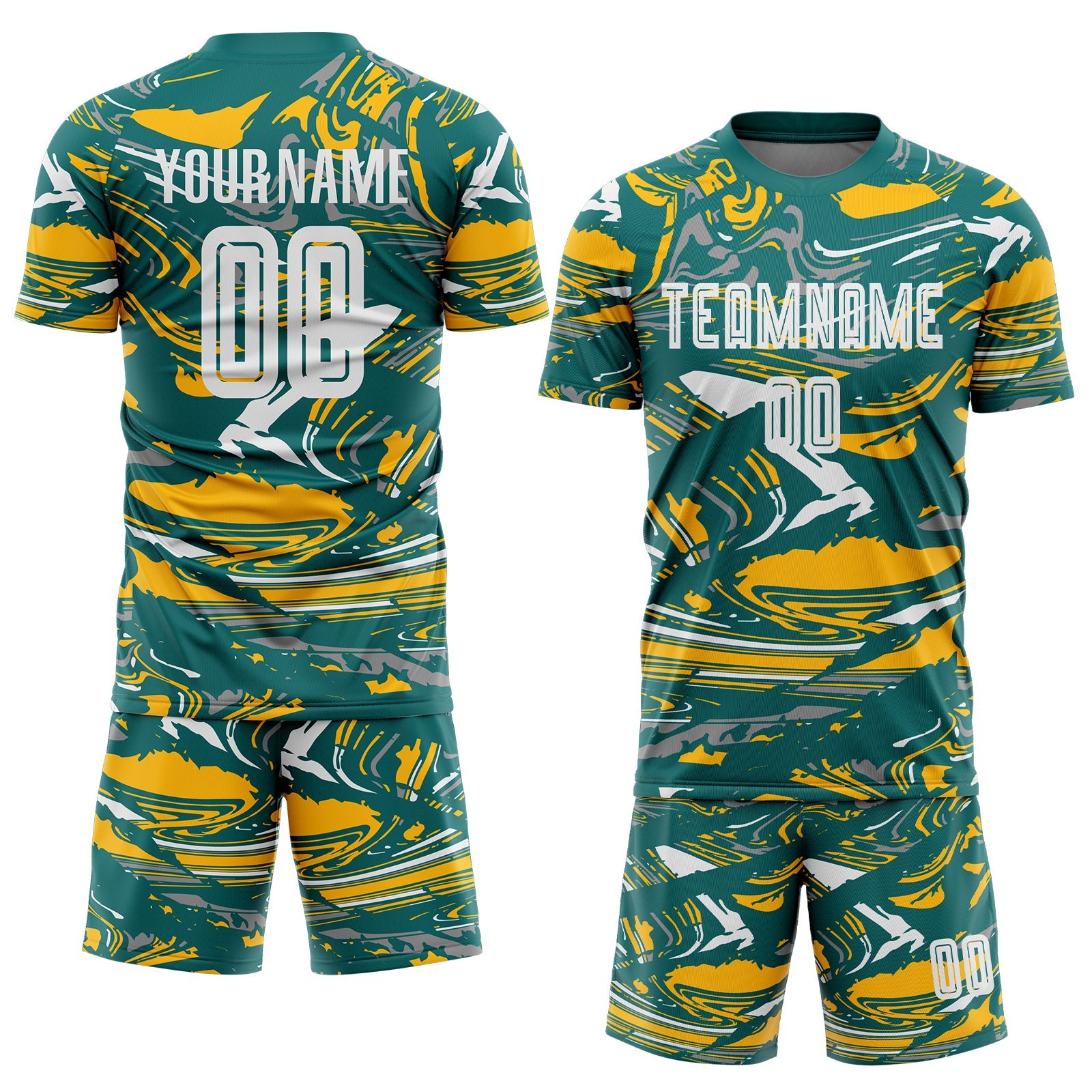 Custom Figure White Teal-Gold Fluid Art Splash Sublimation Soccer Uniform Jersey view 2