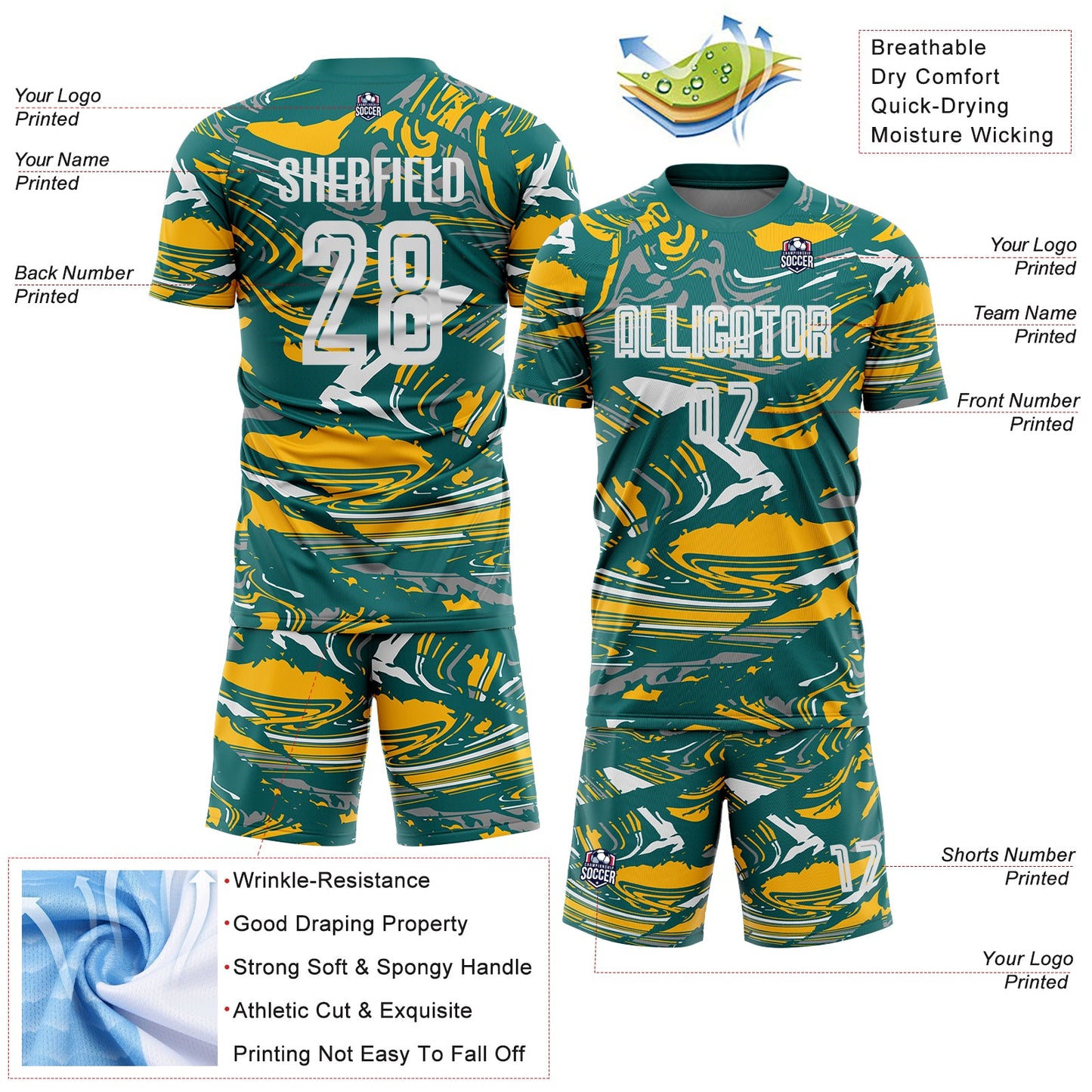Custom Figure White Teal-Gold Fluid Art Splash Sublimation Soccer Uniform Jersey view 4