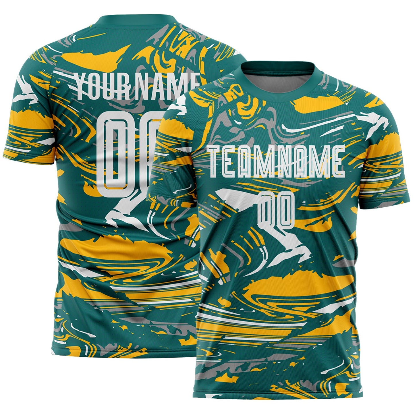 Custom Figure White Teal-Gold Fluid Art Splash Sublimation Soccer Uniform Jersey - Main View