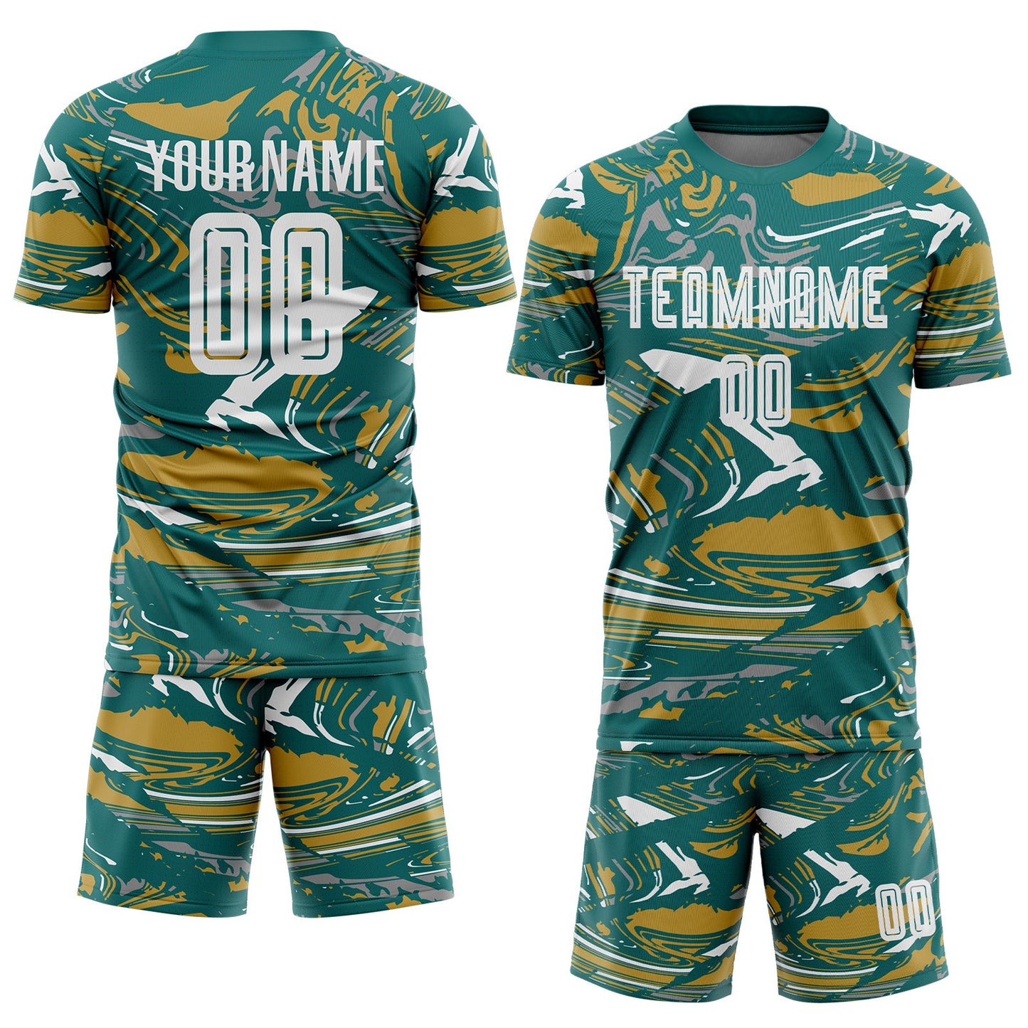 Custom Figure White Teal-Old Gold Fluid Art Splash Sublimation Soccer Uniform Jersey view 2