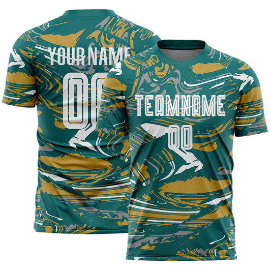 Custom Figure White Teal-Old Gold Fluid Art Splash Sublimation Soccer Uniform Jersey - Main View