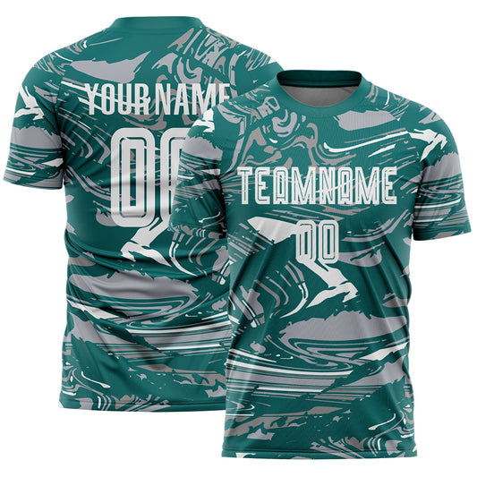 Custom Figure White Teal-Gray Fluid Art Splash Sublimation Soccer Uniform Jersey - Main View